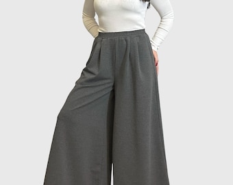 Dark Gray Cotton Palazzo Pants with Elastic Waist / High Waist Wide Leg Skirt Pants / Casual Comfortable Maxi Trousers