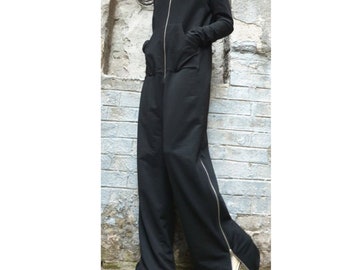 Extravagant Hooded Jumpsuit/Long Sleeve Overalls/Black Cotton Jumpsuit/Casual Long Overalls/Everyday Sport Elegant Jumpsuit/New Collection