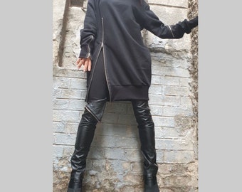 Asymmetric Black Cotton Tunic with Zipper / High Collar Long Blouse / Avant-Garde Urban Top for Women