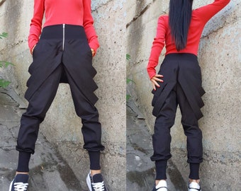 Avant Garde Pants/Extravagant Pants/Women Drop Crotch Pants/Asymmetric Pants/Cotton Black Trousers/Harem Pants/Everyday Trousers