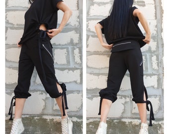 Casual Comfortable Black Set/Outwear Woman Outfit/Two Piece Cotton Set/Asymmetric Cotton Blouse/Extravagant Zipper Short Pants