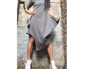 Asymmetric Gray Dress, Avant Garde Midi Dress / A-Line Cotton Dress / Short Sleeve Minimalist Dress / Urban Designer Dress