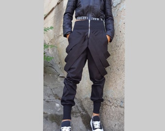 Asymmetric High Waist Black Cotton Pants with Zipper / Avant-Garde Harem Trousers with Ribbed Waist