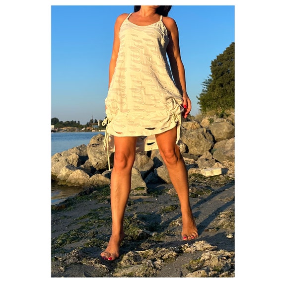 Asymmetric Cotton Summer Dress - Sleeveless Tunic with Drawstring Details
