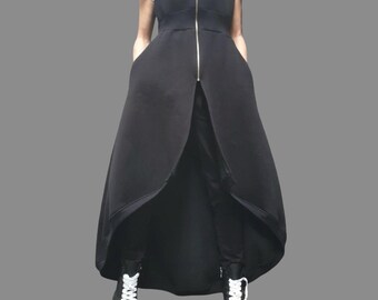 Avant-Garde Black Sleeveless Coat / Asymmetric Hooded Vest / Long Zipper Outerwear / Gothic Minimalist Jacket / Oversized Hoodie Vest