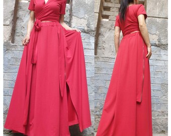 Everyday Red Skirt Blouse Set/Short Sleeve Top/Loose Long Skirt/Extravagant Cotton Set/Casual Comfortable Set/Avantgarde Woman Clothing/Set