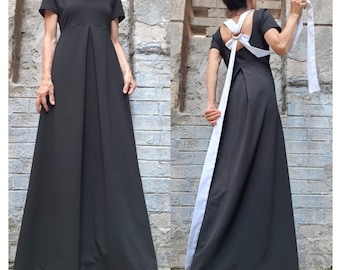Open Back Dress/ Casual Kaftan Dress/ Maxi Black Dress /Long Party Dress/ Strapless Dress/ Backless Dress/ Extravagant Short Sleeve Dress