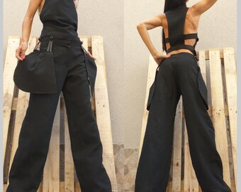 Extravagant Set/Two Piece Set/Linen Black Set/Pants With Outer Pockets/Open Back Tank Top/Party Linen Set/Designer Suits/Wide Leg Pants