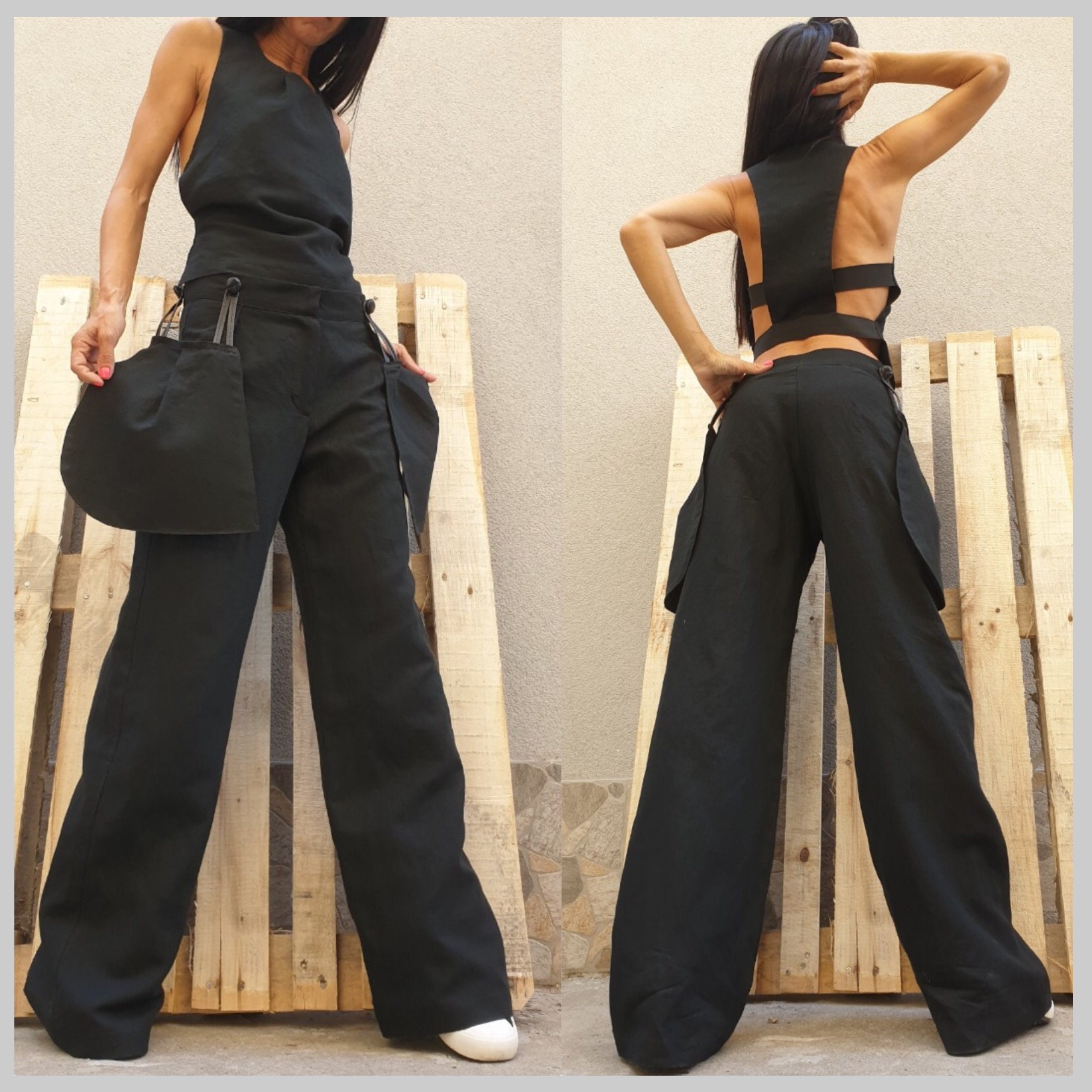 Extravagant Set/two Piece Set/linen Black Set/pants With Outer - Etsy