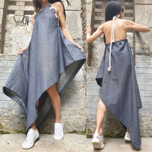 New Collection Extravagant Tunic/Open Back Blue Top/Denim Long Short Top/Asymmetric Stylish Tunic/Party Sexy Dress/Avantgarde Summer Tunic
