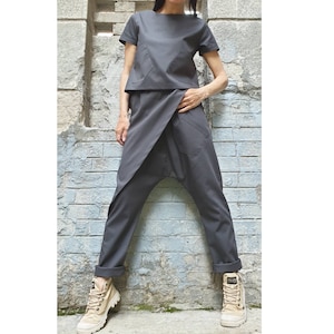 New Collection Extravagant Set/Outwear Woman Outfit/Asymmetric Grey Pants/Short Sleeve Blouse/Urban Woman Clothing /Avantgarde Two Pice Set
