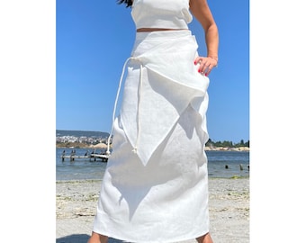 Asymmetric Summer White Linen Skirt Top Set