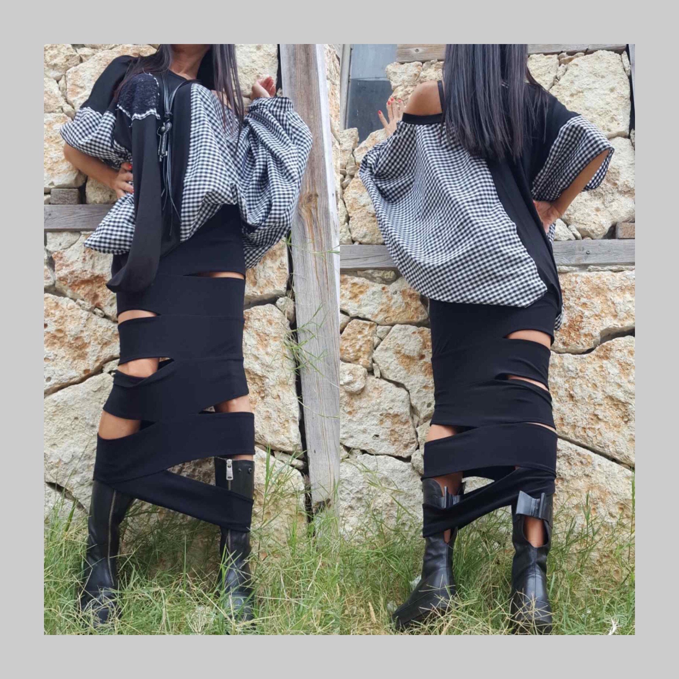 Falda negra stretch con textura de hilo. Largo 48cm Talla S/M