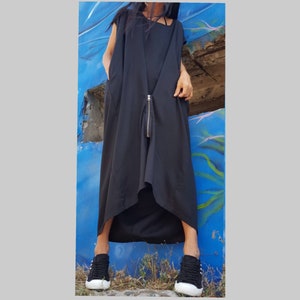 Extravagant Dress/Casual Comfortable Tunic/Loose Black Dress/Oversize Sleeveless Dress/Asymmetric Long Black Tunic/Zipper Wide Dress