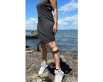 Women’s Asymmetrical Tunic Dress, 2 in 1 Summer Ribbed Cotton Top, Sleeveless Midi Dress, Avant Garde Tunic, Minimalist Black Summer Outfit