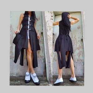 Sleeveless Black Vest/Extravagant Women Black Vest/Asymmetric Designer Black Vest/Avantgarde Women Black Vest/Casual Cotton Vest