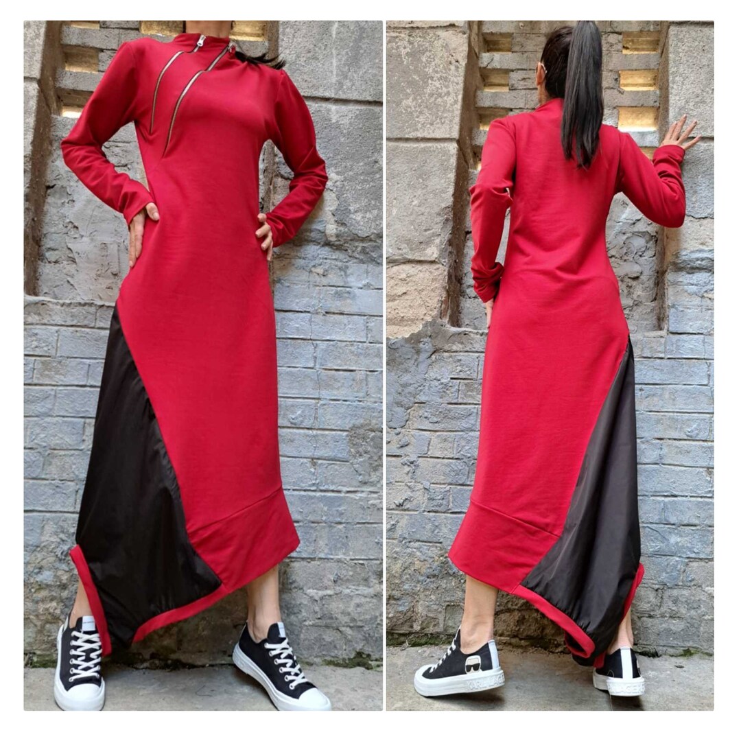 New Collection Red Extravagant Dress/long Asymmetric Dress/long Sleeve ...