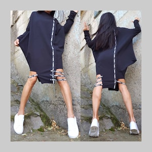 Asymmetric Maxi Dress/Designer Women Short Dress/Extravagant Black Dress/Long Sleeve Tunic/Loose Casual Tunic/Maxi Black Tunic