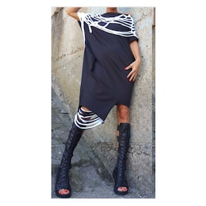 Asymmetric Black Tunic Dress/Plus Size Clothing/Loose Women Tunic/Extravagant Cotton Dress/Sleeveless Black Tunic/One Shoulder Tunic