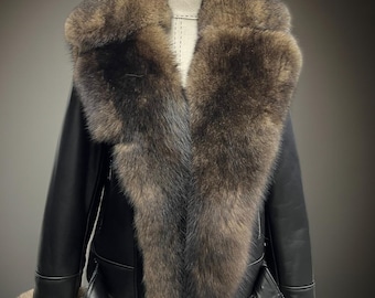 Manteau d'hiver en cuir pour femme avec grand col en fourrure de renard