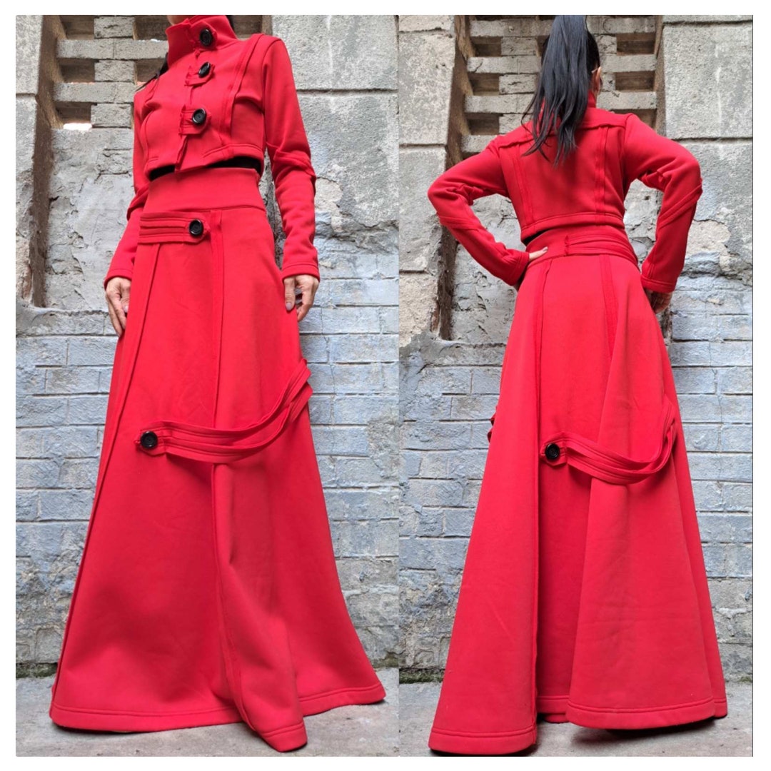 Red Cotton Blazer Skirt Set/extravagant Two Piece Set/short Red Blazer/long Winter Skirt/outwear