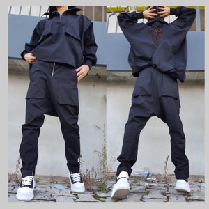 Cotton Harem Pants: Oversize Drop Crotch Pants with Outer Pockets