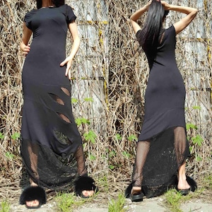 Extravagant Plus Size Long Dress/Modern Black Women  Dress/Casual Cotton Dress/Asymmetric Dress/Short Sleeve Long Dress/Women Maxi Dress