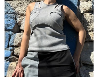 Women’s Gray Ribbed Cotton Tank Top, Asymmetrical Sleeveless Top, Designer Summer Blouse, Fitted Cotton Top, Avant Garde Minimalist Top