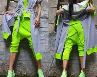 Asymmetric Pants Vest Set/Extravagant Two Piece Outfit/Harem Green Pants/Hooded Long Short Vest/Everyday Outwear Woman Outfit/Casual Set