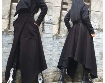 Extravagant Autumn  Сoat/Everyday Asymmetric Coat/Casual Comfortable Cotton Warm Сoat/Black Elegant Woman Coat/Large Collar Coat