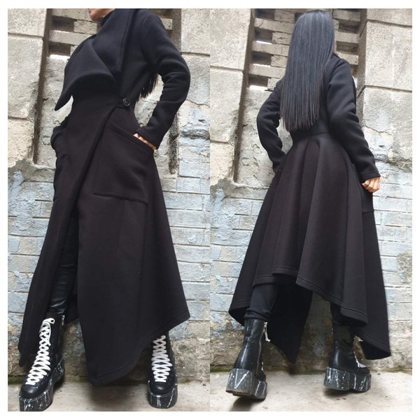 Veste d'automne extravagante/Manteau asymétrique de tous les jours/Coton décontracté confortable et chaud/Manteau pour femme élégante noir/Manteau à grand col