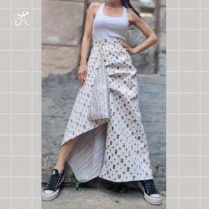 Designer Denim Maxi Skirt • Handmade Asymmetric Art Piece • White Base with Colorful Accents • Flowy Ankle-Length • Tailored Fit Available