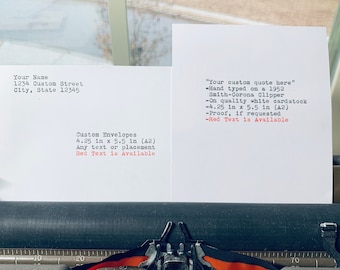 カスタム手書き引用文と封筒、カスタム歌詞/詩、パーソナライズされたタイプライター引用文と封筒、A2 ホワイトカード用紙と封筒