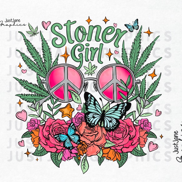 Groovy Stoner Girl PNG, Cute Weed PNG Sublimation Design, Hippy, Flowers, Marijuana 420 Stoner Png for DTF, Tumbler, Instant Download