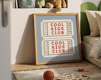 Stampa del biglietto del Cool Kids Club a righe blu, poster quadrato in stile retrò, decorazione per la stanza dei giochi (download digitale)
