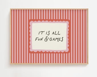 Stampa a righe con tema divertimento e giochi, decorazione per la cameretta dei bambini, poster per la sala giochi (download digitale)