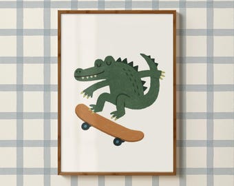 Shredder the Skateboarding Crocodile Digital Print, Muted Green Version, Playroom Wall Decor, Skater Kids Room Prints, Cool Kids Room Prints