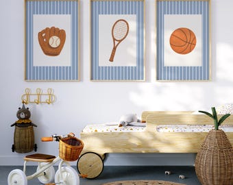 Sport Prints Set Eclectic Prints, Striped Print, Basketball Baseball Tennis Soccer Rugby, Sporty Girls Room, Boys Room Decor