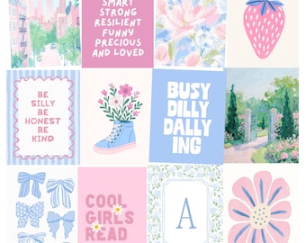 Stampe per la camera da ragazza in stile preppy coquette, dormitorio preppy, ortensie, farfalle, stile Grandmillennial, rosa e blu