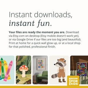 Puede incluir: Imagen promocional con el texto "Descargas instant&aacute;neas, diversi&oacute;n instant&aacute;nea". Debajo, cuatro ilustraciones: crayones, una seta, una impresi&oacute;n enmarcada que dice "COOL KIDS READ BOOKS" y un mapache con peto. La esquina inferior derecha tiene el texto "MAKE ROOM FOR KIDS."