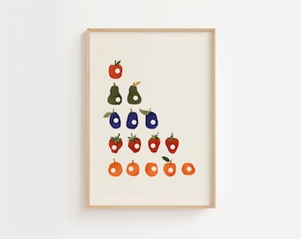 May include: A colorful illustration of a pyramid of fruit, starting with a red apple at the top, followed by green pears, blue plums, red strawberries, and orange mandarins at the bottom.