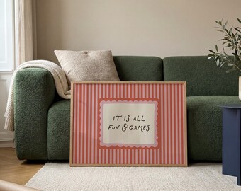 Stampa a righe con tema divertimento e giochi, decorazione per la cameretta dei bambini, poster per la sala giochi (download digitale)