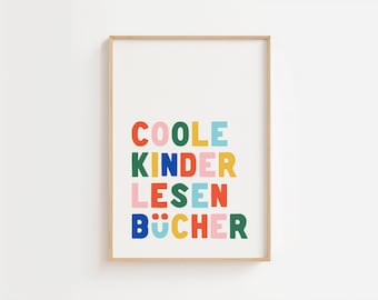 Coole Kinder Lesen Bücher Print Deutsch Set von 6 Kinder Drucke, Spielzimmer Wanddekoration, Klassenzimmer Dekoration, Lesen Ecke, Lesen