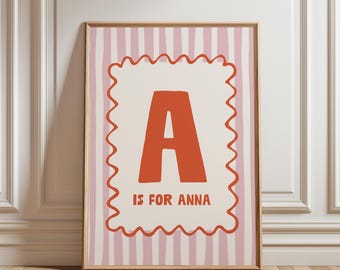 Stampa digitale personalizzata con nome e iniziale, stile retrò a righe rosa e rosse, decorazione per la cameretta delle bambine.