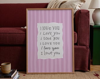 Biglietto d'amore, stampa digitale monocromatica rosa, decorazioni retrò per la cameretta dei bambini, decorazioni boho, sala giochi verde, stampa a righe