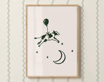 Cow Jumping Over the Moon Wall Art, Whimsical Animal Illustration, Farmhouse Nursery, Nursery Rhyme,  Nursery Wall Art, Kids Room, Playroom