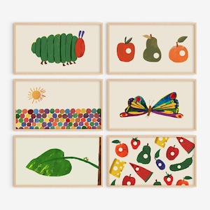 Könnte beinhalten: Satz von 6 gerahmten Drucken mit Illustrationen aus dem Kinderbuch Die kleine Raupe Nimmersatt. Die Drucke zeigen eine grüne Raupe, einen roten Apfel, eine grüne Birne, einen Schmetterling, eine Sonne und eine Vielzahl von bunten Punkten.