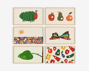 May include: Set of 6 framed prints featuring illustrations from the children's book The Very Hungry Caterpillar. The prints depict a green caterpillar, a red apple, a green pear, a butterfly, a sun, and a variety of colorful dots.