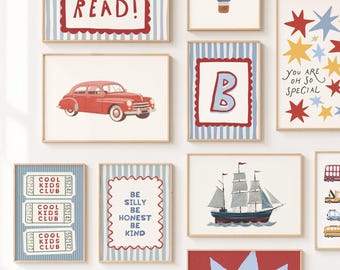 Decorazioni per la cameretta dei ragazzi in rosso e blu, Be Silly, Cool Kids Club, Alfabeto a righe (A-Z), Angolo lettura
