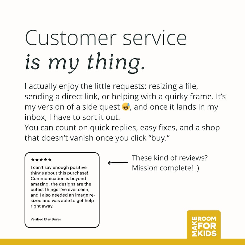 Puede incluir: Imagen con texto: "El servicio al cliente es lo m&iacute;o". Incluye una rese&ntilde;a de cliente que destaca experiencias positivas con la comunicaci&oacute;n y el dise&ntilde;o. La tienda ofrece respuestas r&aacute;pidas y soluciones f&aacute;ciles.